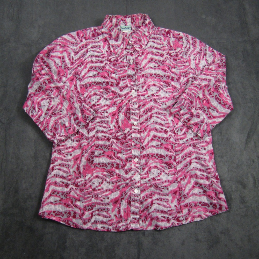 Sara Morgan Button Up Shirt Women Large Pink Abstract Zebra Print Cotton Granny